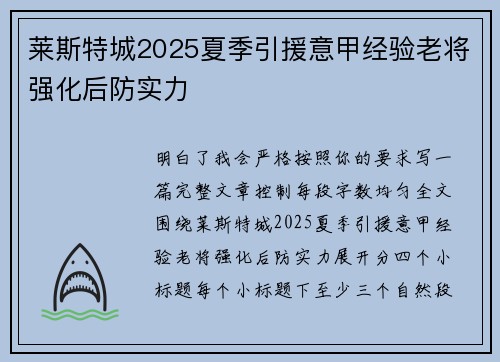莱斯特城2025夏季引援意甲经验老将强化后防实力
