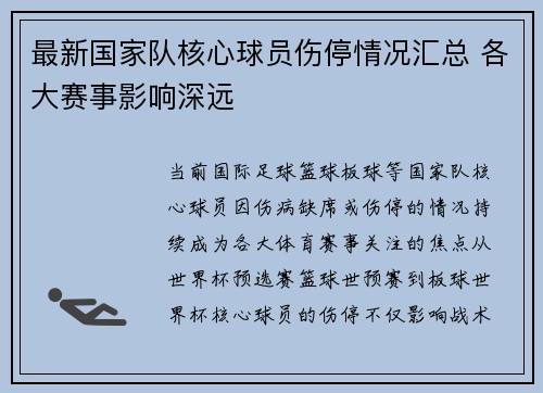 最新国家队核心球员伤停情况汇总 各大赛事影响深远 最新国家队核心球员伤停情况汇总 各大赛事影响深远